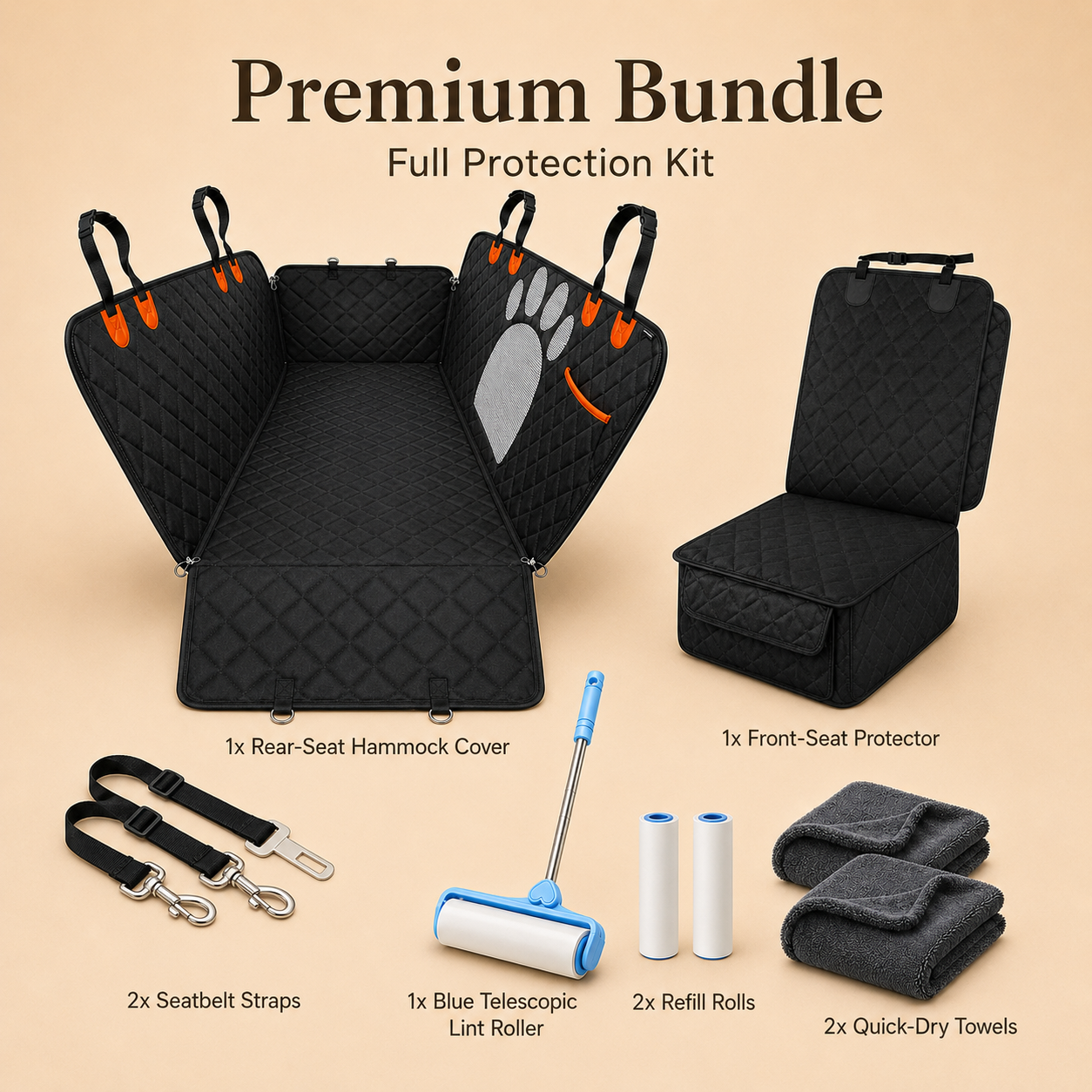 Premium Bundle overview with rear-seat hammock cover, front-seat protector, seatbelt straps, blue telescopic lint roller, refill rolls and towels