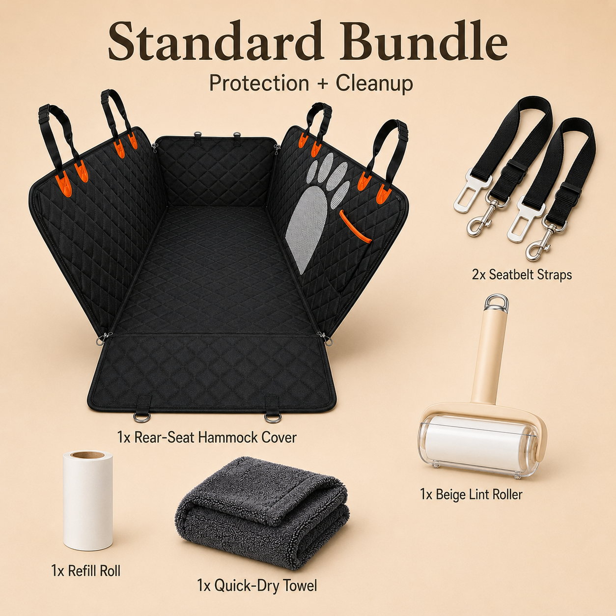 Standard Bundle overview with rear-seat hammock cover, seatbelt straps, beige lint roller, refill roll and quick-dry towel