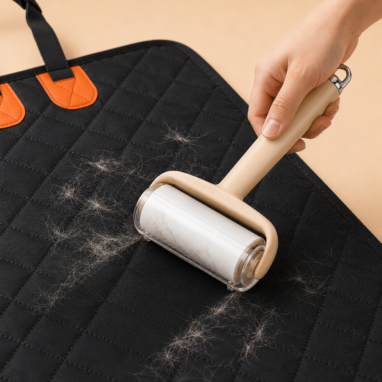 Beige lint roller picking pet hair from black quilted cover