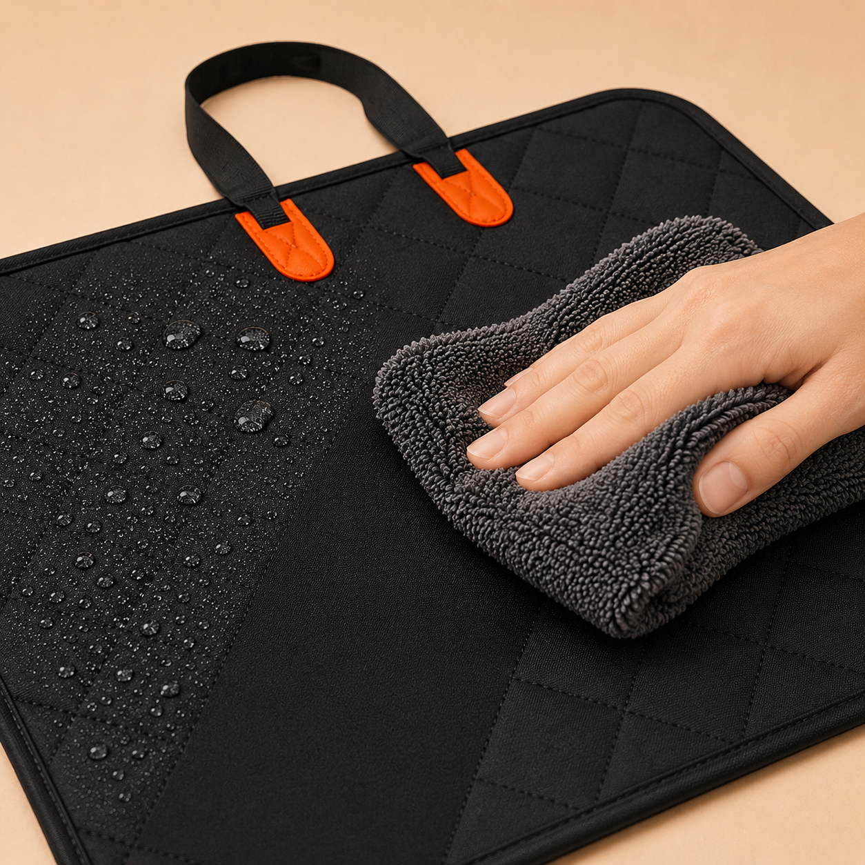 Quick-dry towel wiping water from black quilted surface
